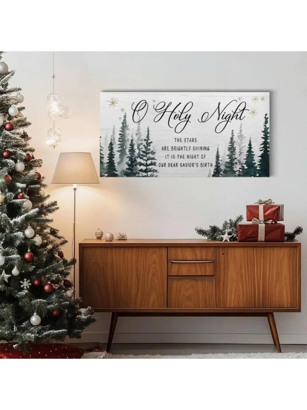 Rustic O Holy Night Wall Art - Large 40x20 Christmas Canvas Decor, Jesus Sign